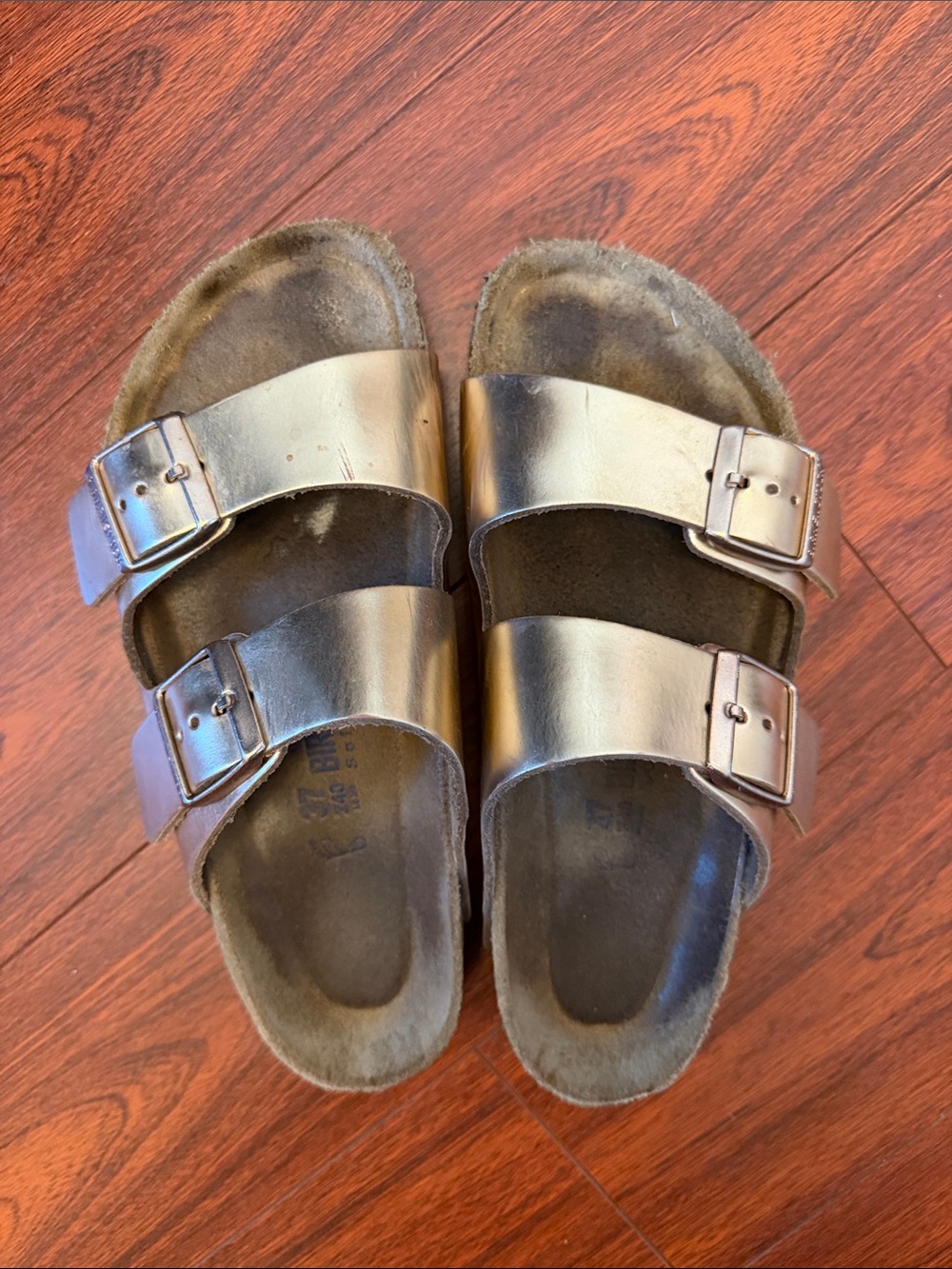 Birkenstock women’s Metallic Gold Double-Buckle Slide Sandals